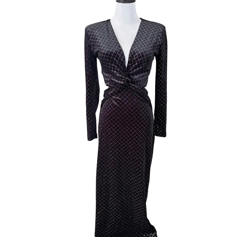 Zara Velvet Maxi Shimmer Dress Sz S Black Diamond Pattern Cut Out Long Sleeve